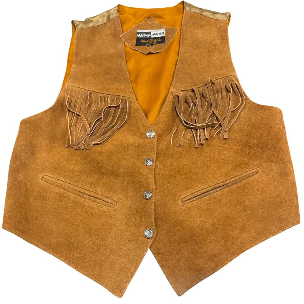 Mona Mode Vintage 1970s Suede Fringe Vest Tan Metallic Back Western Ranchwear S